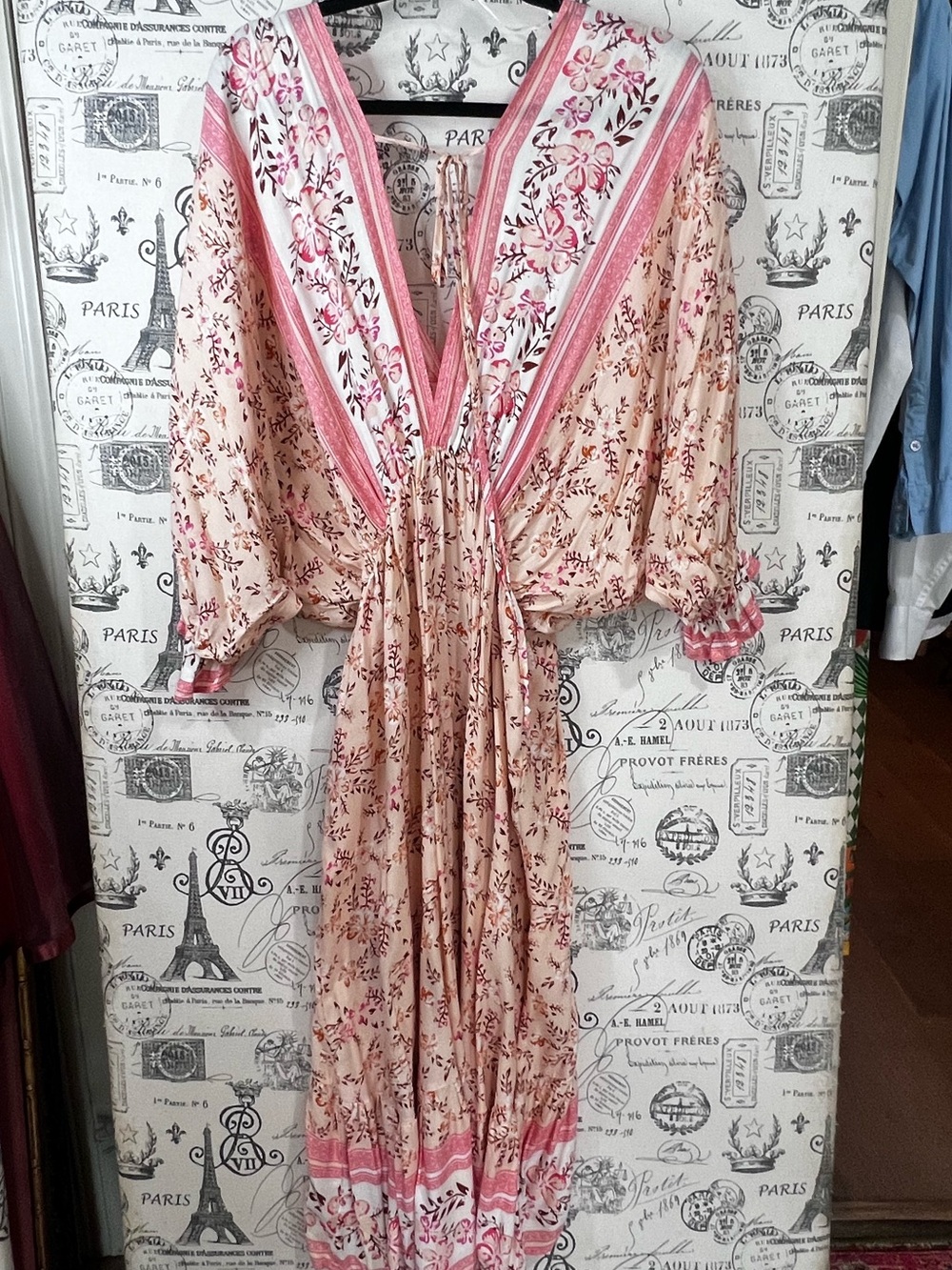 UMGEE XL Boho Floral Border Print Maxi Dress 100% Rayon Blush Pink & Cream